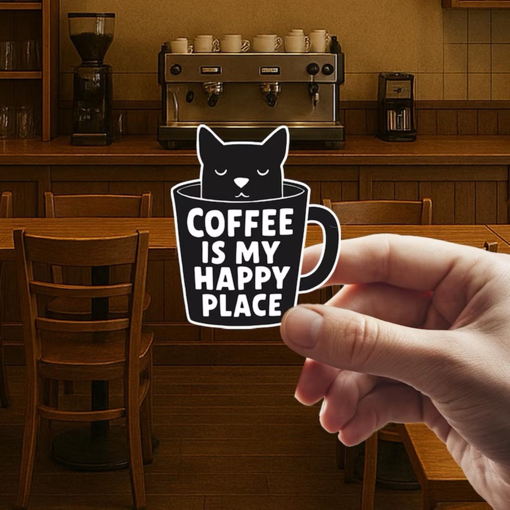 Black Cat Coffee Mug Waterproof Vinyl Sticker 5x6cm